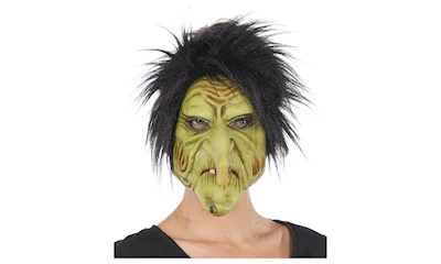 Maske Schrumpelhexe Latex, mit schwarzen Haaren